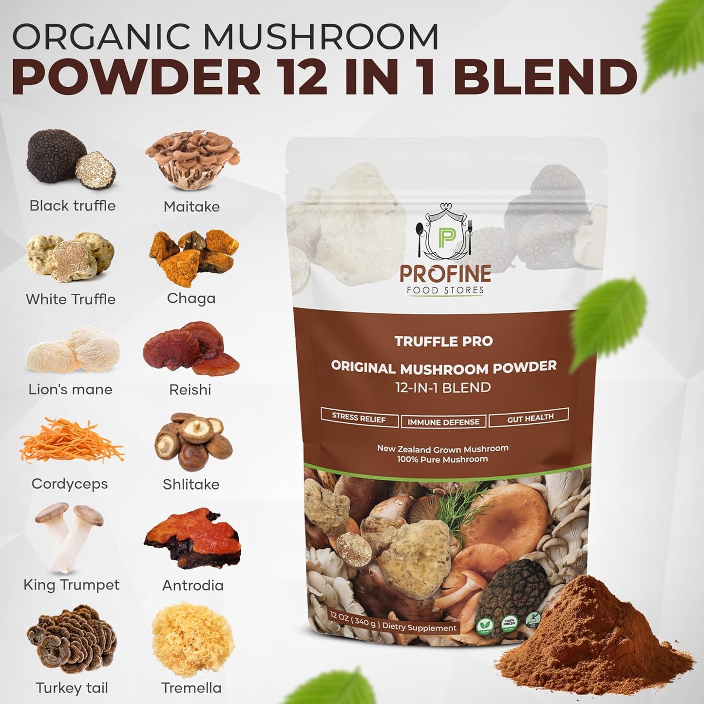Profine Food Stores PROFINE Truffle PRO Mushroom Powder: 12-in-1 Super Blend with Black and White Truffle - USDA Organic Supplement for Coffee/Tea/Smoothies