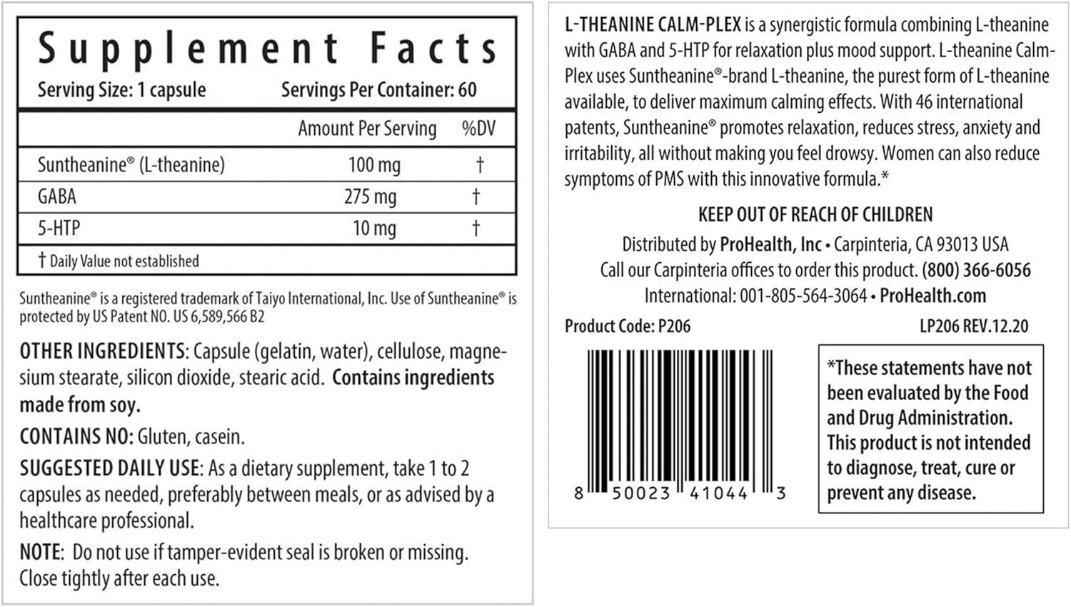 ProHealth L-Theanine Calm-Plex with GABA and 5-HTP (Suntheanine) - 2 Pack of 100mg, 60 Medium Capsules