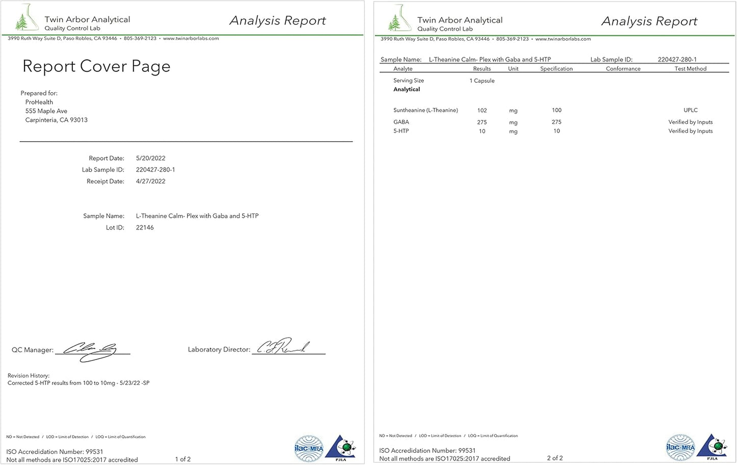 ProHealth L-Theanine Calm-Plex with GABA and 5-HTP (Suntheanine) - 2 Pack of 100mg, 60 Medium Capsules