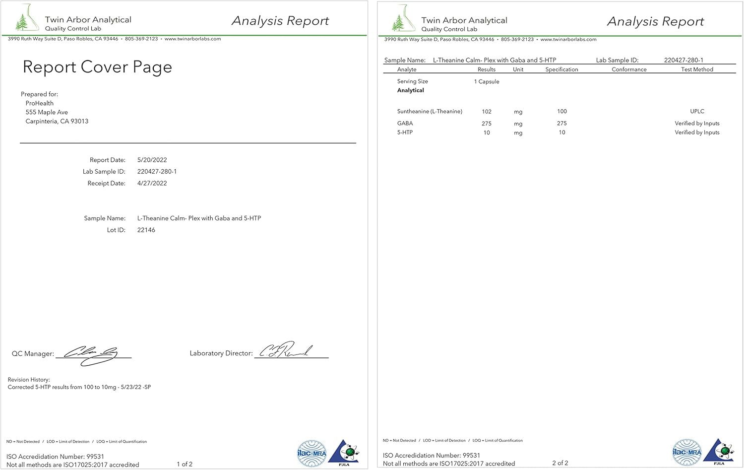 ProHealth L-Theanine Calm-Plex with GABA and 5-HTP (Suntheanine) - 2 Pack of 100mg, 60 Medium Capsules