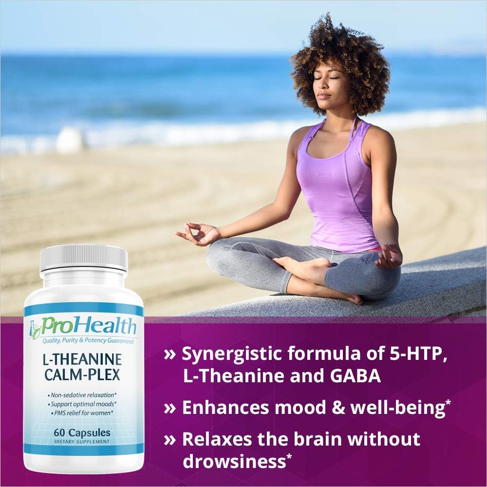 ProHealth L-Theanine Calm-Plex with GABA and 5-HTP (Suntheanine) - 2 Pack of 100mg, 60 Medium Capsules
