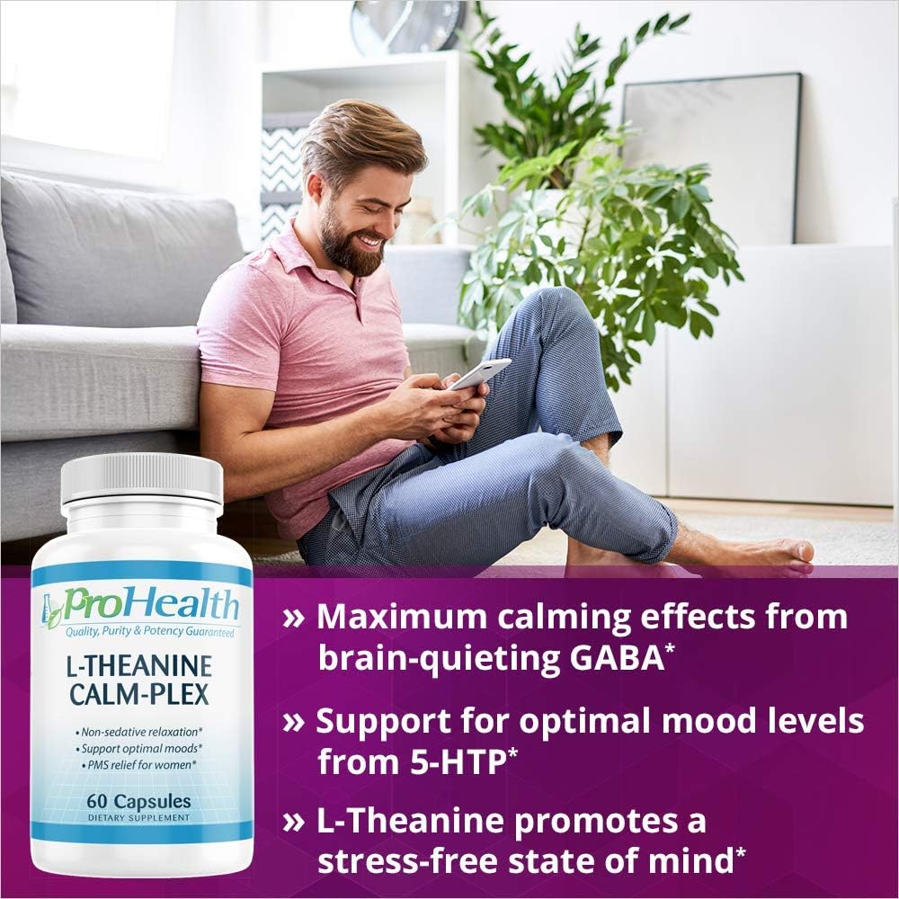 ProHealth L-Theanine Calm-Plex with GABA and 5-HTP (Suntheanine) - 2 Pack of 100mg, 60 Medium Capsules
