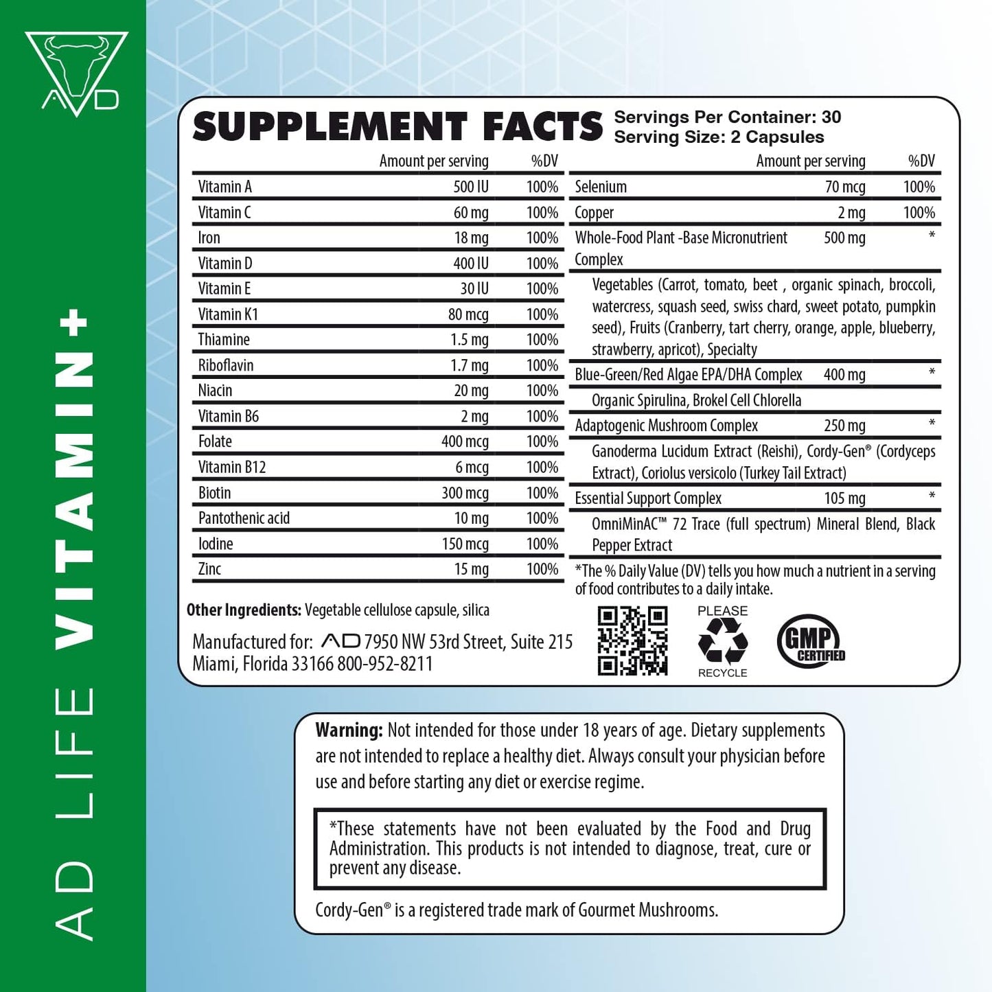 Project AD Vitamin+ Multimineral Multivitamin Supplement - Complete Antioxidant, Energy, and Immune Support - 60 Servings