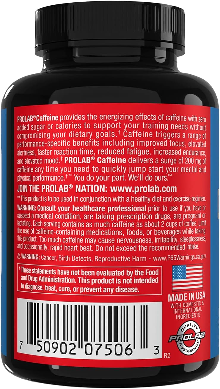 ProLab Caffeine Tablets 200mg - 200 Count | Boost Energy, Improve Endurance & Focus, Fight Fatigue, Pre-Workout Formula