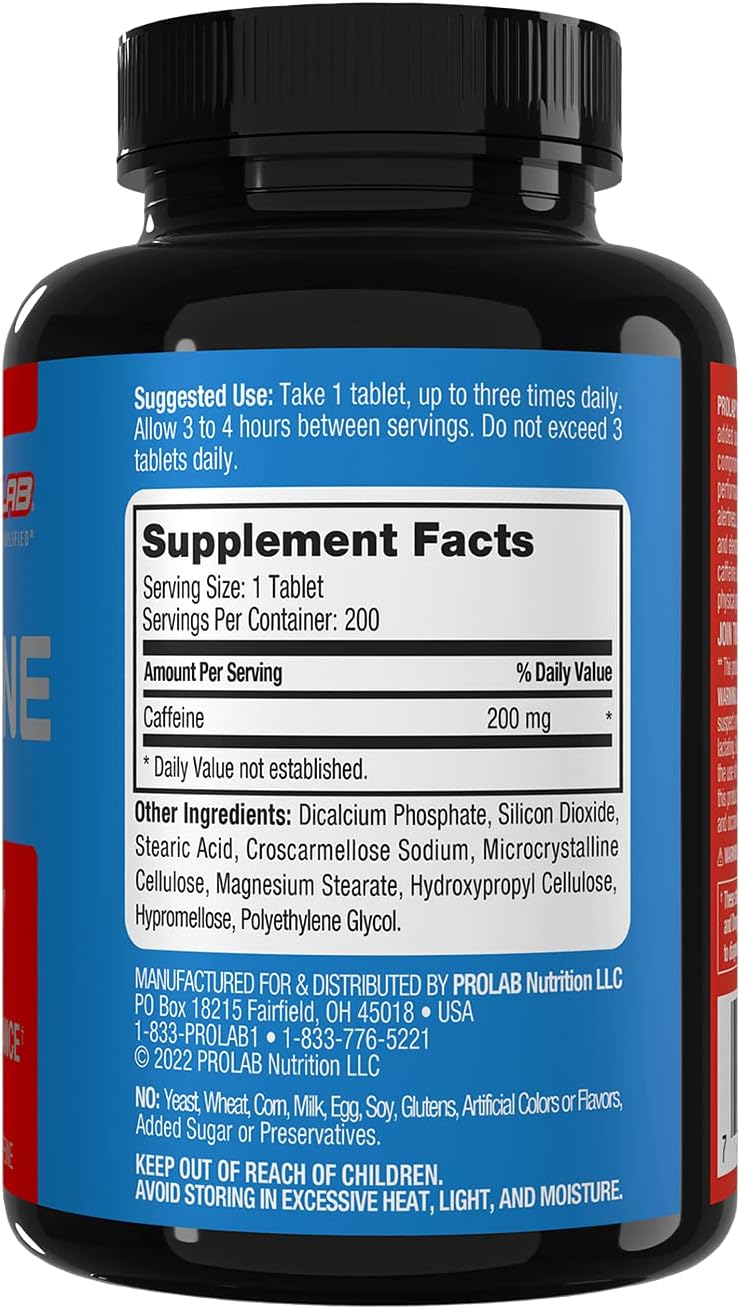 ProLab Caffeine Tablets 200mg - 200 Count | Boost Energy, Improve Endurance & Focus, Fight Fatigue, Pre-Workout Formula