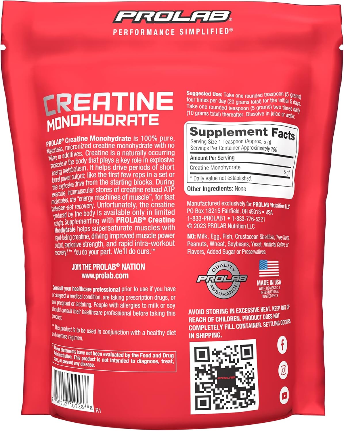 ProLab Creatine Monohydrate Micronized Powder for Sports Nutrition - Boost Muscle Mass, Strength, Endurance, Power - 1000g
