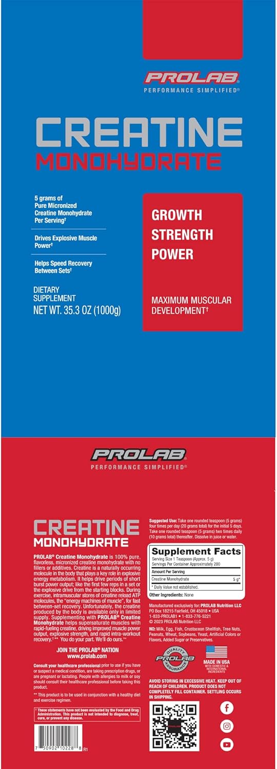 ProLab Creatine Monohydrate Micronized Powder for Sports Nutrition - Boost Muscle Mass, Strength, Endurance, Power - 1000g