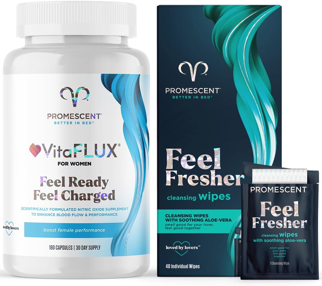 Promescent VitaFLUX Women's Nitric Oxide Booster Supplement + Flushable Wipes for Adults, Hygienic Personal Cleansing Wet Wipes for Men and Women