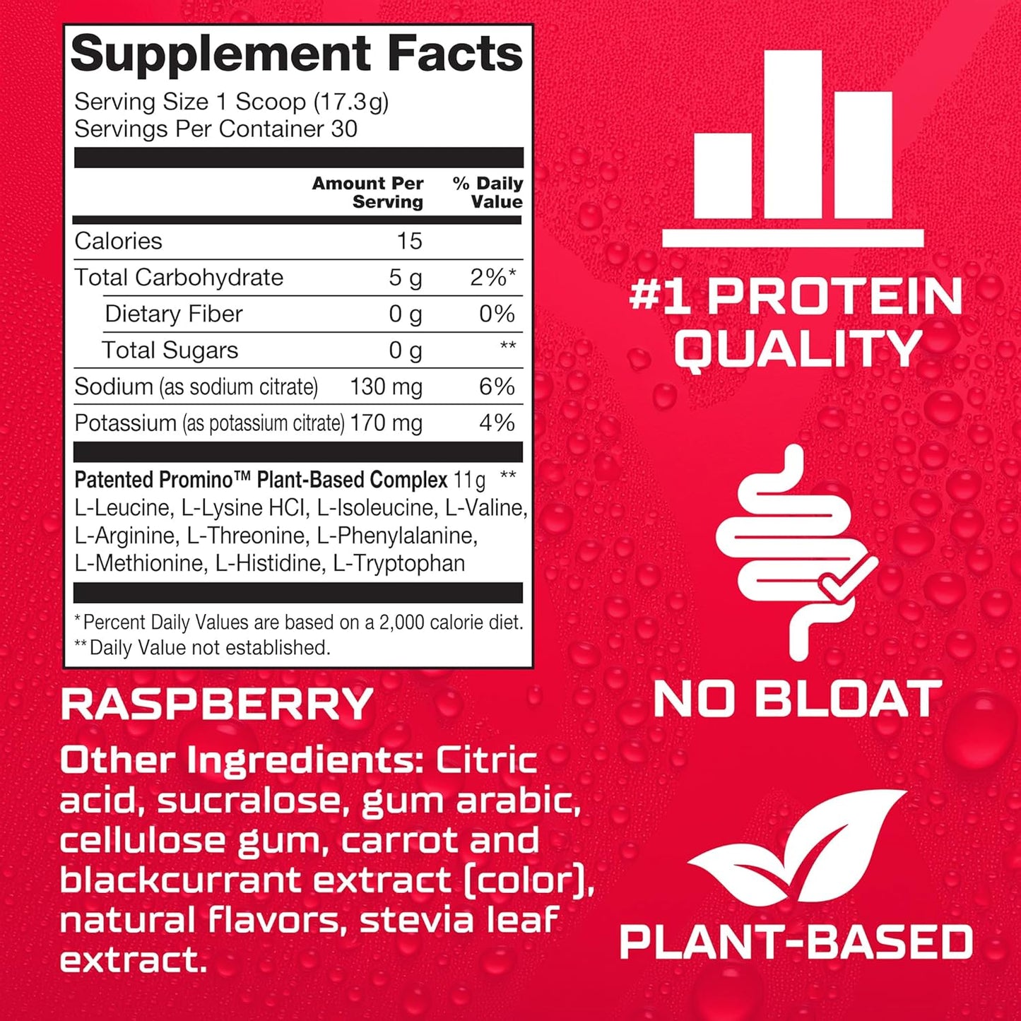 Promino Raspberry Protein Powder with Mega-Dose Leucine for Muscle Recovery, NSF Certified - 30 Servings