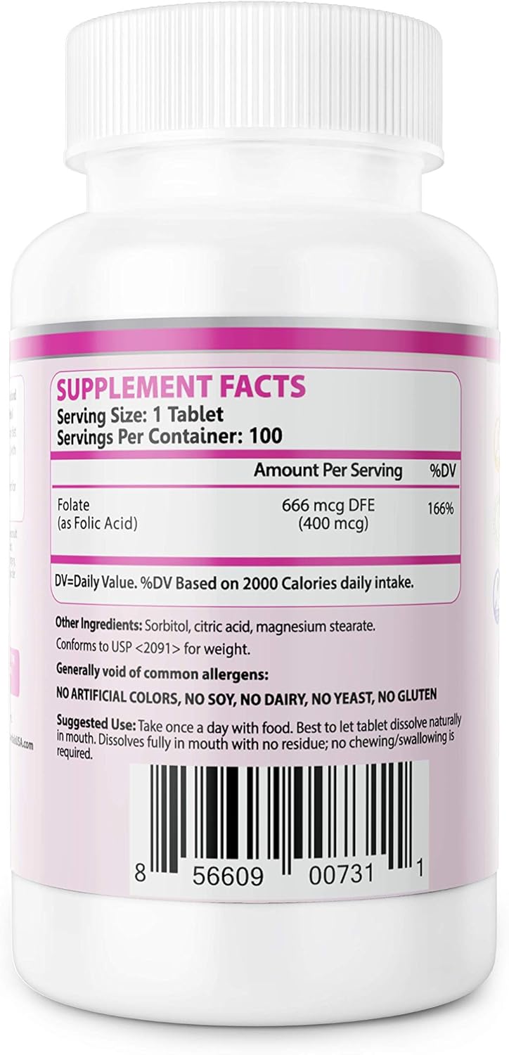 PRONUCARE Folic Acid 400 mcg Chewable Tablets for Women's Health and Prenatal Care - 100 Tablets, Great Taste