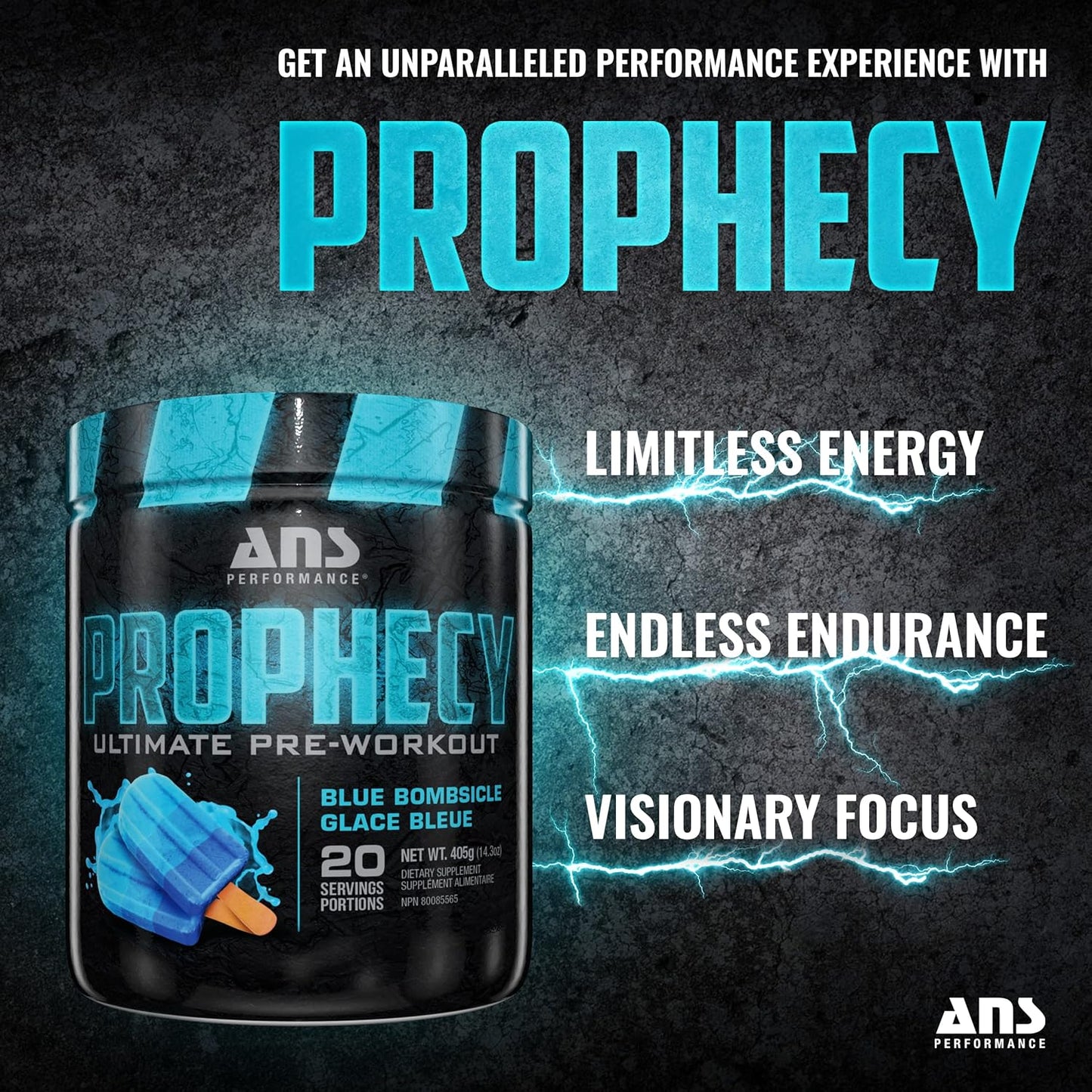 Prophecy Pre Workout Powder by ANS Performance - Blue Bombsicle Flavor - Gluten-Free Formula for Energy, Strength, and Power - 20 Servings, 14.5 oz