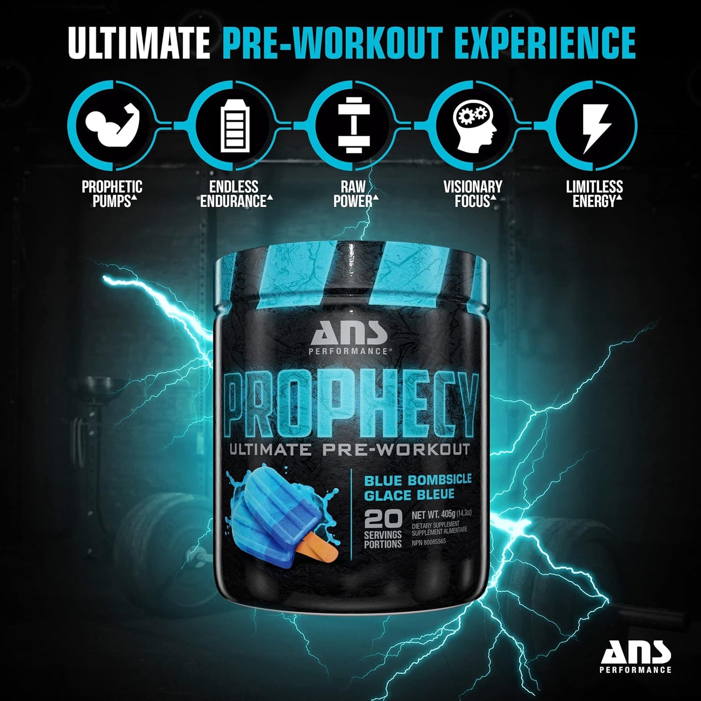 Prophecy Pre Workout Powder by ANS Performance - Blue Bombsicle Flavor - Gluten-Free Formula for Energy, Strength, and Power - 20 Servings, 14.5 oz