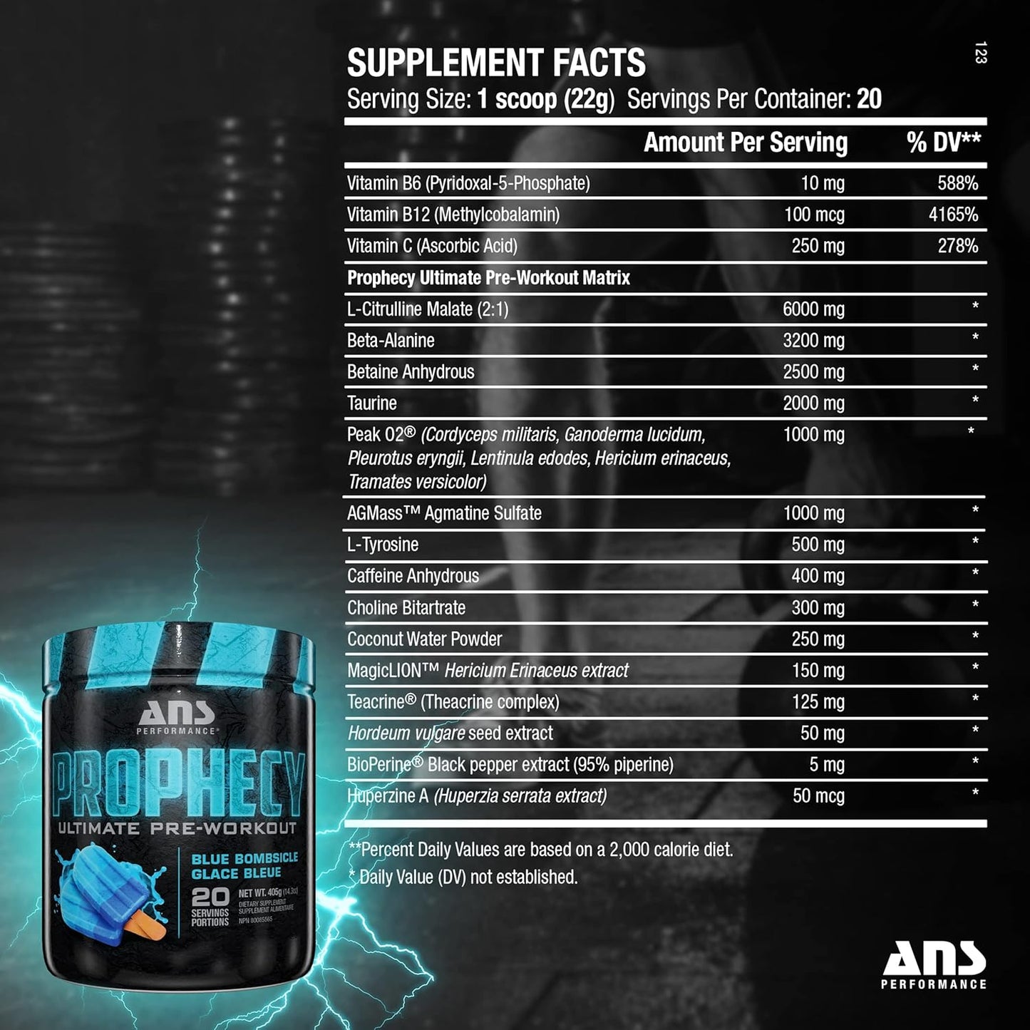 Prophecy Pre Workout Powder by ANS Performance - Blue Bombsicle Flavor - Gluten-Free Formula for Energy, Strength, and Power - 20 Servings, 14.5 oz