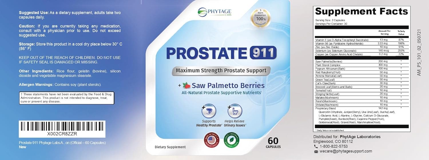 Prostate 911 Men’s Health Supplement - Saw Palmetto for Prostate Function Support (60 Capsules) by Phytage Labs