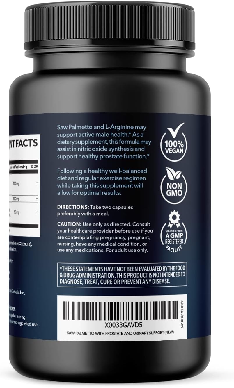 Prostate Health and Nitric Oxide Supplements for Men - Saw Palmetto and L-Arginine Blend - Vegan, Non-GMO - 60 Count