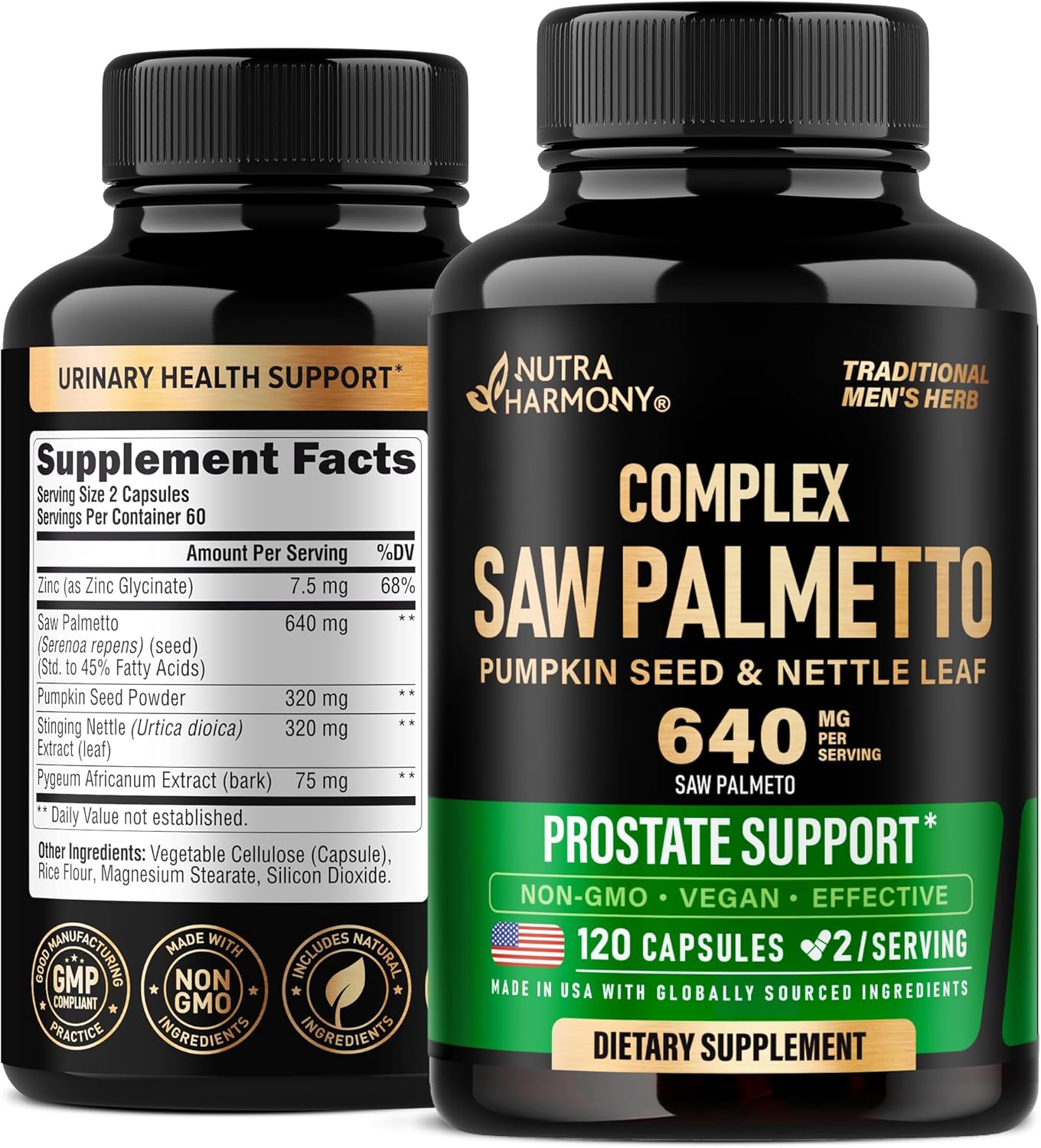 Prostate Health Supplement for Men - Saw Palmetto 640mg with Pumpkin Seed, Nettle, Zinc, and Pygeum - DHT Blocker and Hair Support - 45% Fatty Acids - Made in USA - 120 Capsules