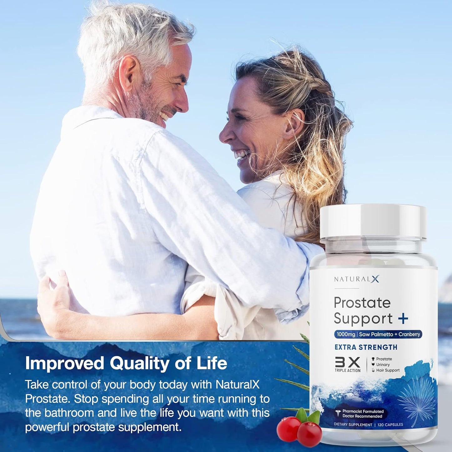 Prostate Health Supplement for Men - Saw Palmetto DHT Blocker with Cranberry, Bladder Support & Hair Growth - 120 Capsules