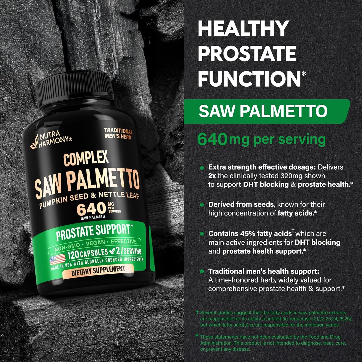 Prostate Health Supplement for Men - Saw Palmetto 640mg with Pumpkin Seed, Nettle, Zinc, and Pygeum - DHT Blocker and Hair Support - 45% Fatty Acids - Made in USA - 120 Capsules