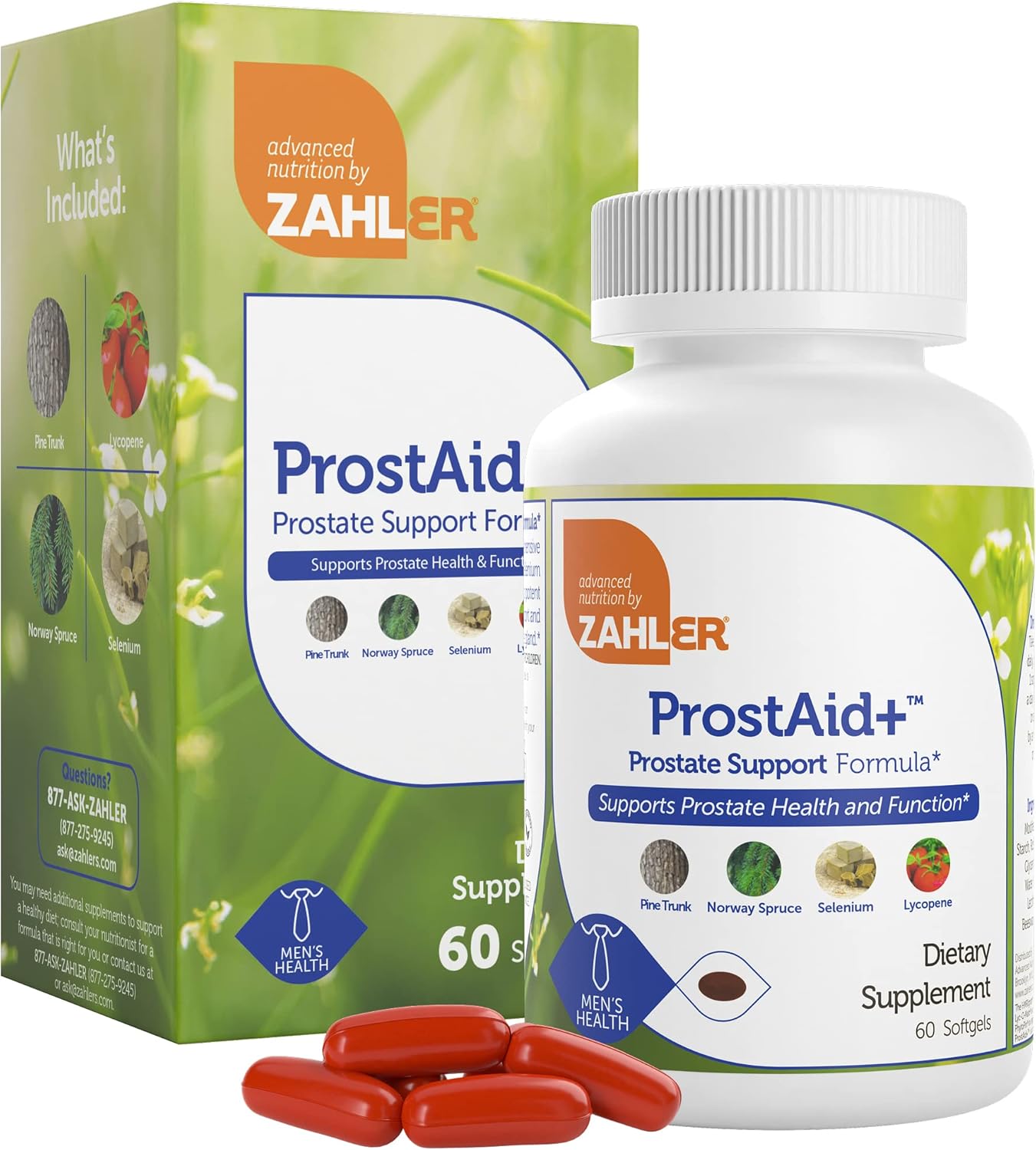 Prostate Health Supplements for Men - Zahler ProstAid+ with Lycopene & Norway Spruce - Supports Urine Flow - Made in USA - Kosher - 60 Vegetarian Softgels