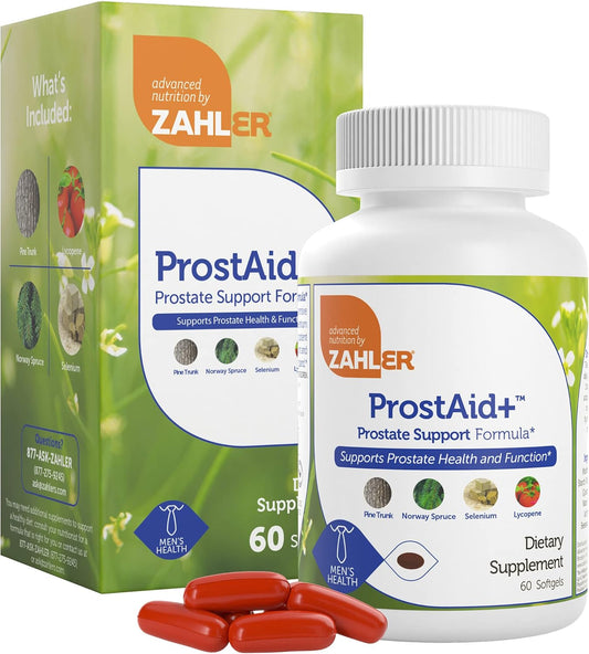Prostate Health Supplements for Men - Zahler ProstAid+ with Lycopene & Norway Spruce - Supports Urine Flow - Made in USA - Kosher - 60 Vegetarian Softgels