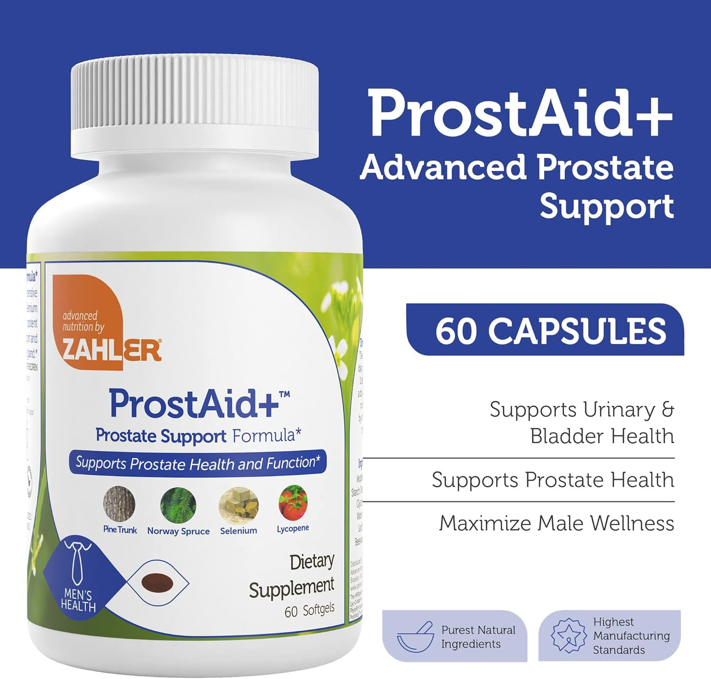 Prostate Health Supplements for Men - Zahler ProstAid+ with Lycopene & Norway Spruce - Supports Urine Flow - Made in USA - Kosher - 60 Vegetarian Softgels