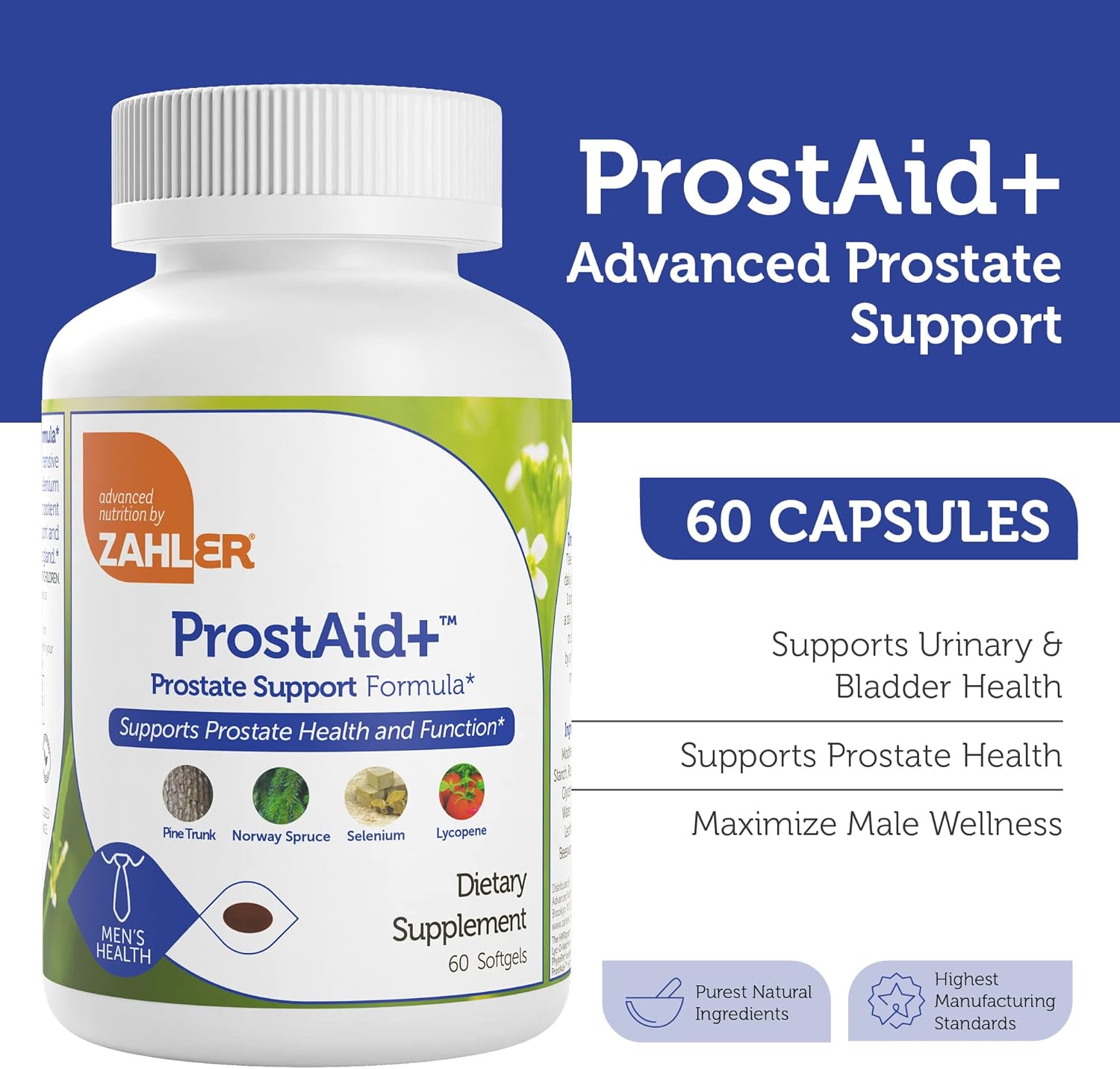 Prostate Health Supplements for Men - Zahler ProstAid+ with Lycopene & Norway Spruce - Supports Urine Flow - Made in USA - Kosher - 60 Vegetarian Softgels