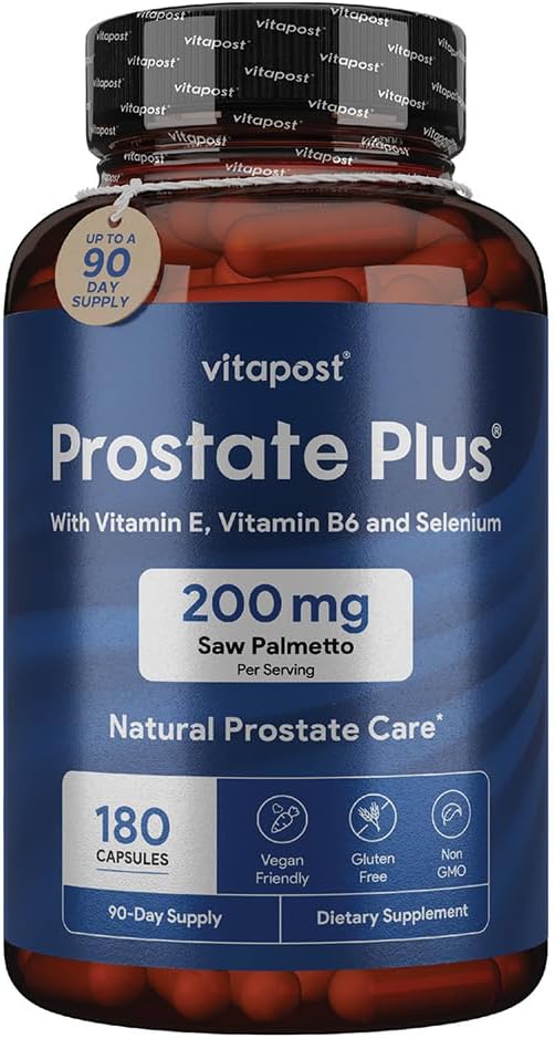 Prostate Plus Supplement for Men - Saw Palmetto, Vitamin B6, E, Selenium, Zinc - 180 Capsules for Urinary Health and Care