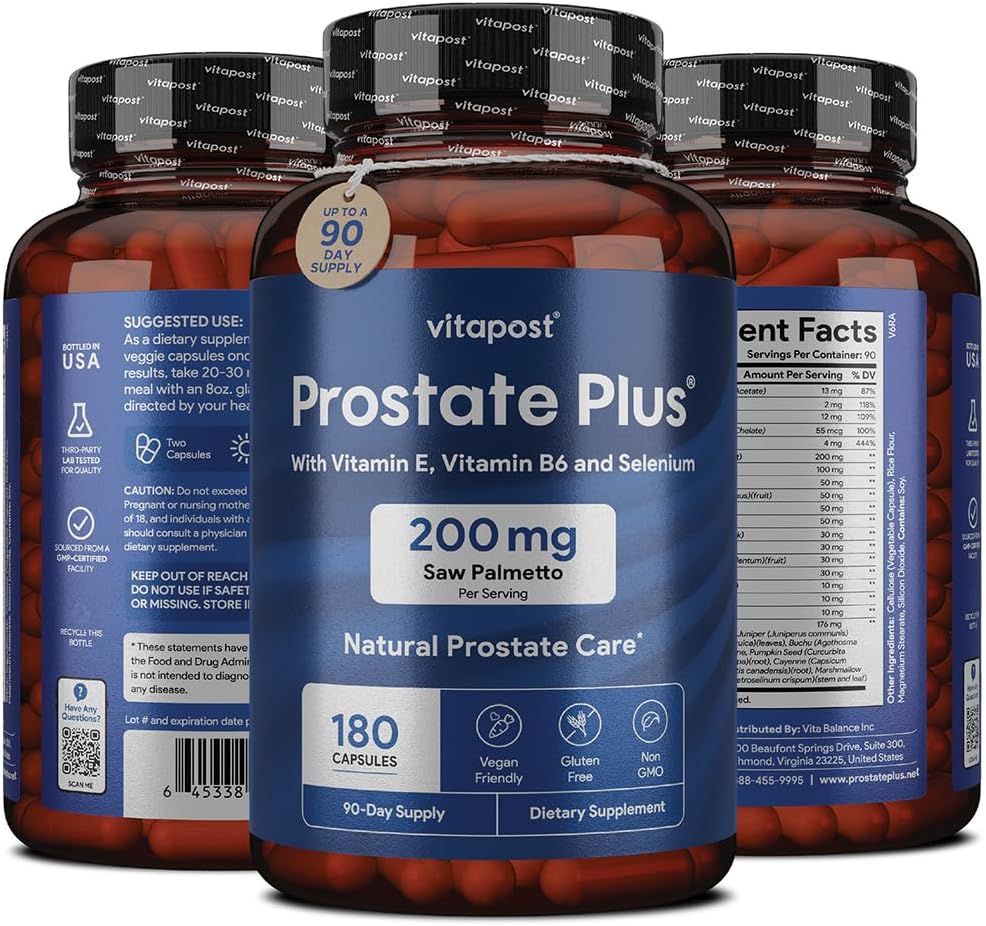 Prostate Plus Supplement for Men - Saw Palmetto, Vitamin B6, E, Selenium, Zinc - 180 Capsules for Urinary Health and Care