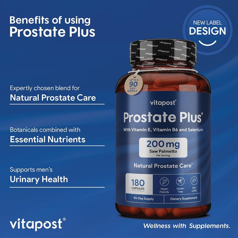 Prostate Plus Supplement for Men - Saw Palmetto, Vitamin B6, E, Selenium, Zinc - 180 Capsules for Urinary Health and Care