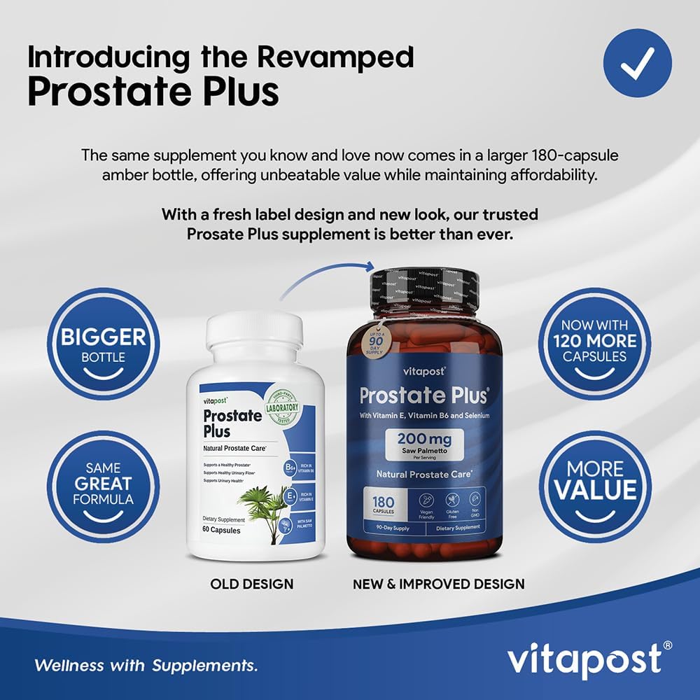 Prostate Plus Supplement for Men - Saw Palmetto, Vitamin B6, E, Selenium, Zinc - 180 Capsules for Urinary Health and Care