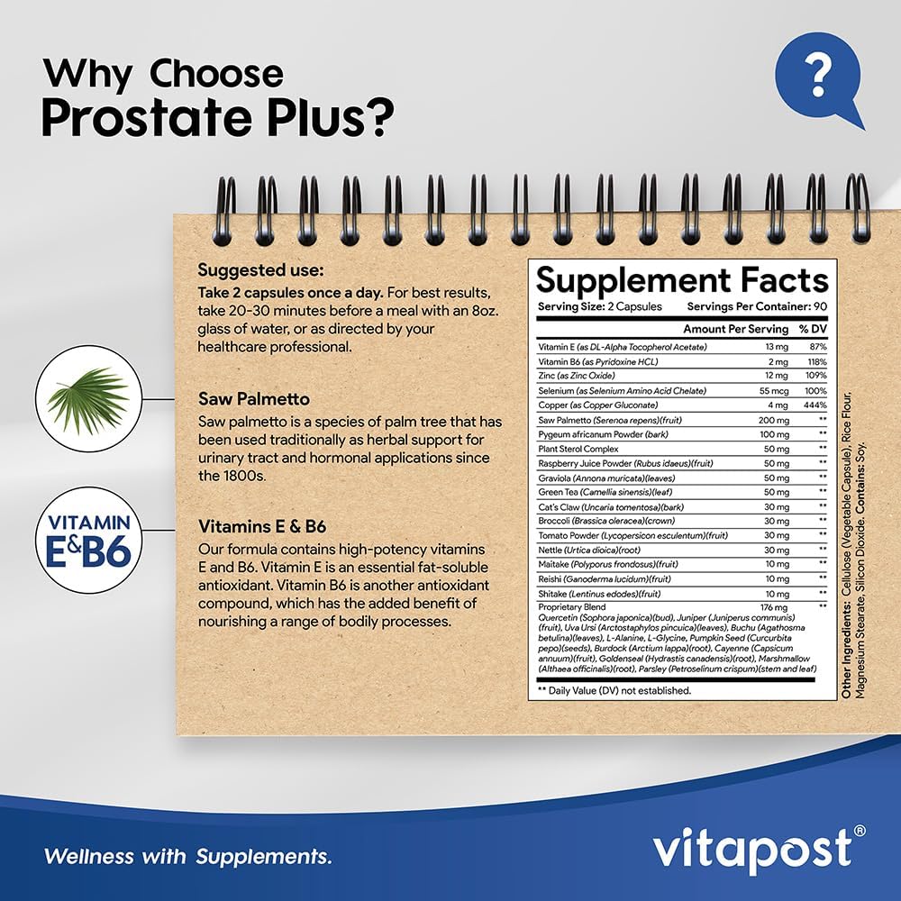 Prostate Plus Supplement for Men - Saw Palmetto, Vitamin B6, E, Selenium, Zinc - 180 Capsules for Urinary Health and Care