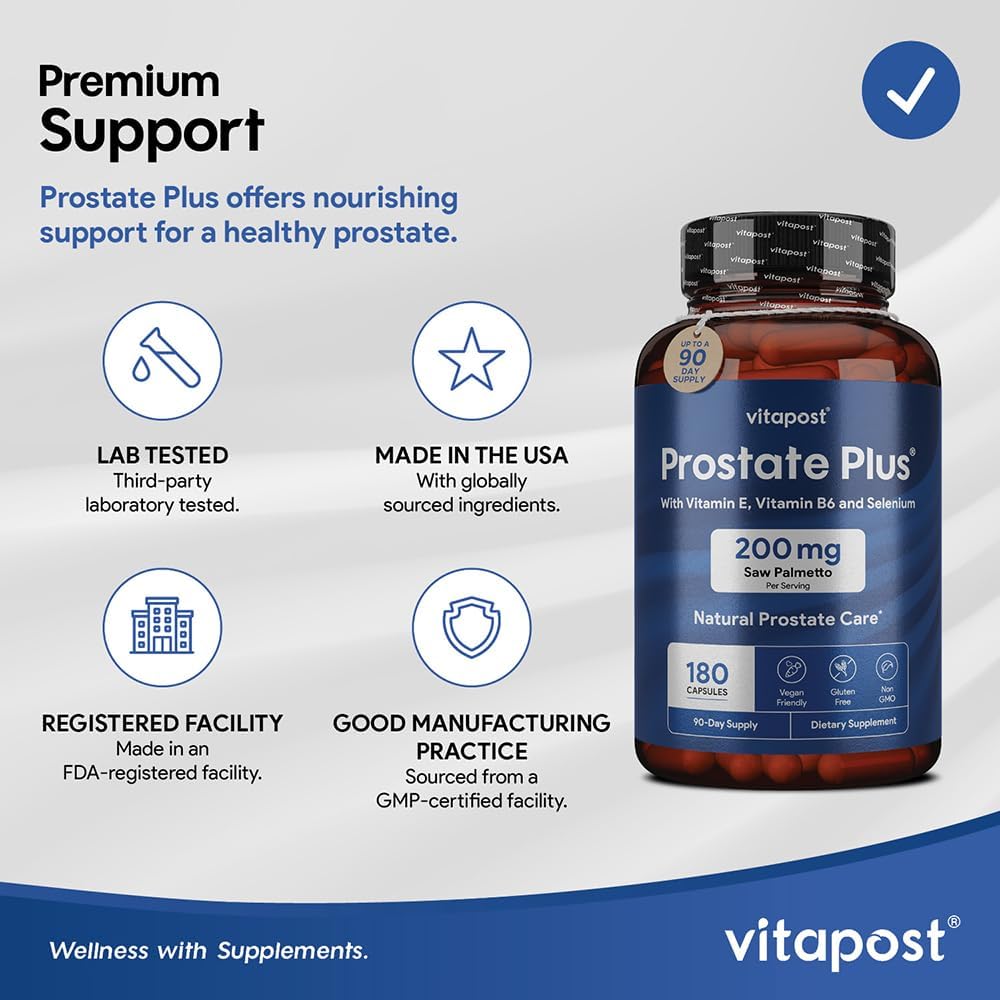 Prostate Plus Supplement for Men - Saw Palmetto, Vitamin B6, E, Selenium, Zinc - 180 Capsules for Urinary Health and Care