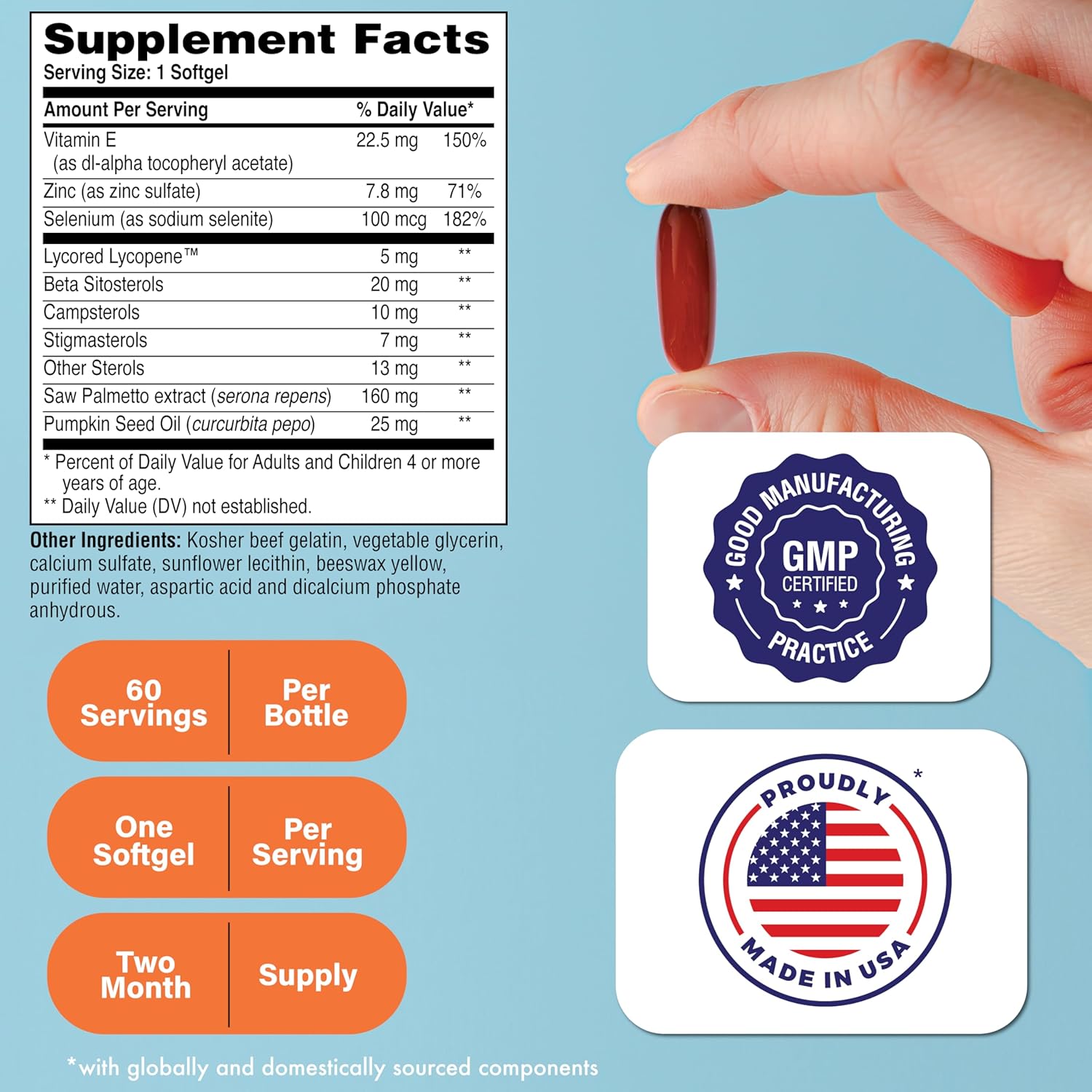 Prostate Plus Supplement with Saw Palmetto, Lycopene, Plant Sterols, Selenium, Zinc, Pumpkin Seed - Complete Support for Men's Health - Non-GMO & Gluten Free - 60 Count Pack