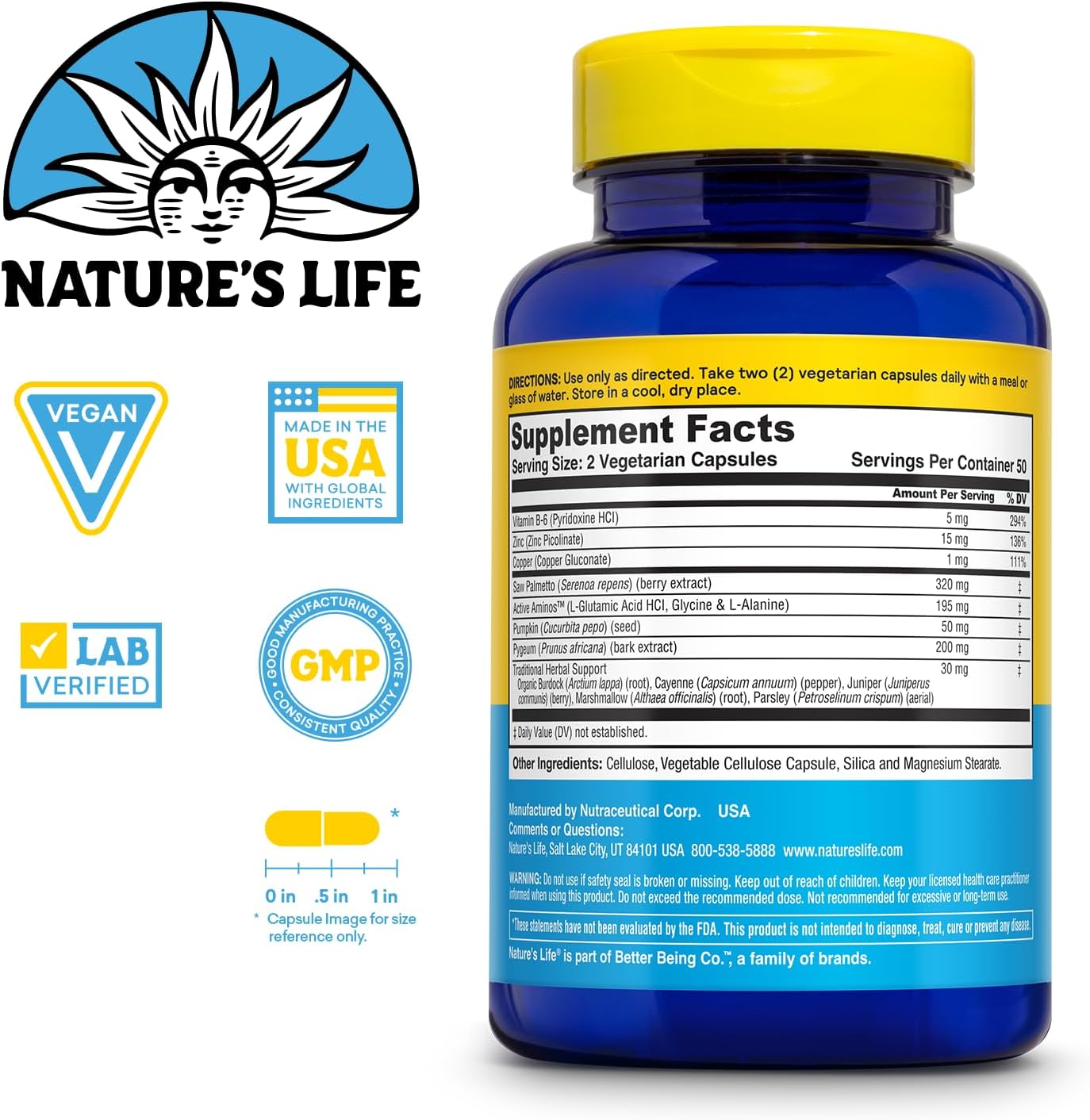 Prostate Support Supplement for Men - Saw Palmetto, Pygeum, Zinc - 100 Vegetarian Capsules