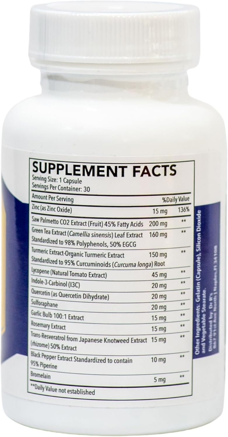 Prostate Support Supplement with Saw Palmetto, Green Tea, Turmeric, Lycopene, Quercetin, and More - Made in USA, 30 Capsules