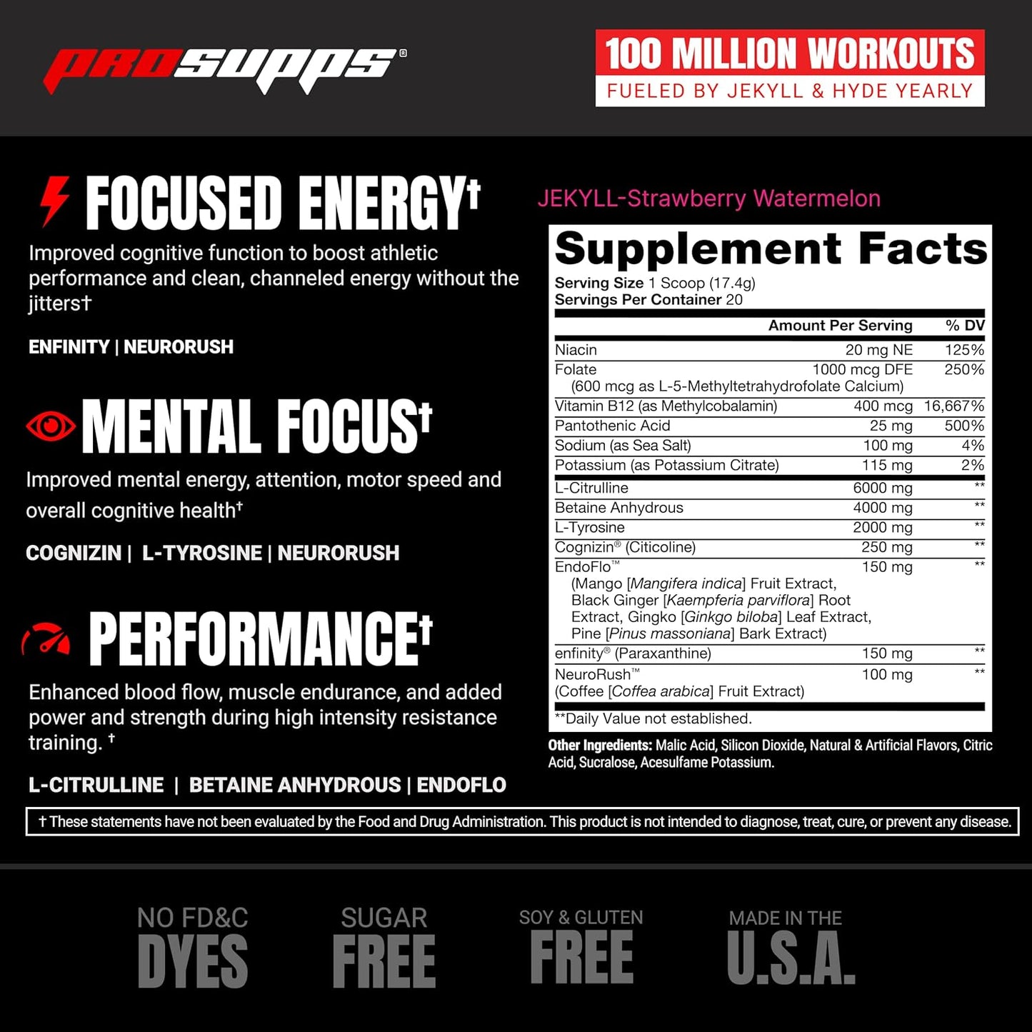 PROSUPPS Dr. Jekyll Low Stim Pre-Workout with Nootropic Focus Boost (20 Servings, Strawberry Watermelon Flavor) for Men & Women