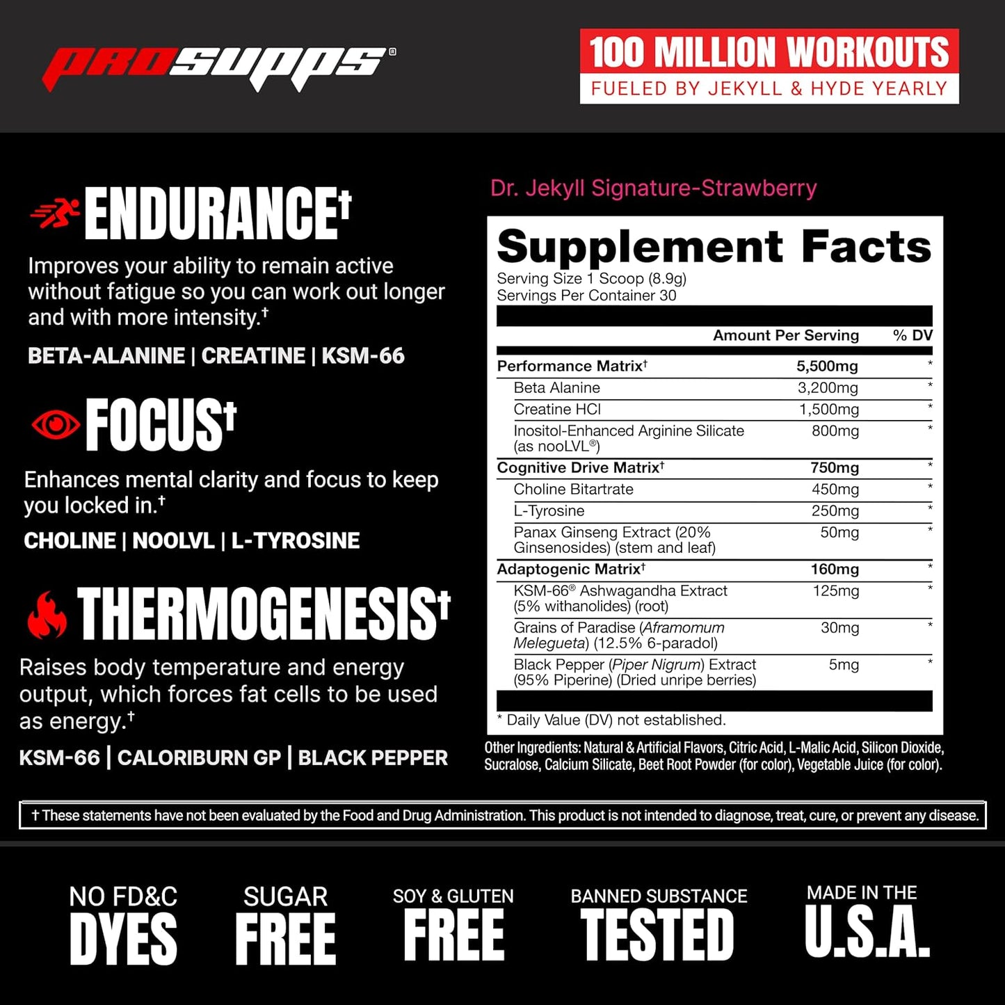PROSUPPS Dr. Jekyll Strawberry Pre-Workout Powder - Caffeine-Free, Intense Focus & Energy - 30 Servings