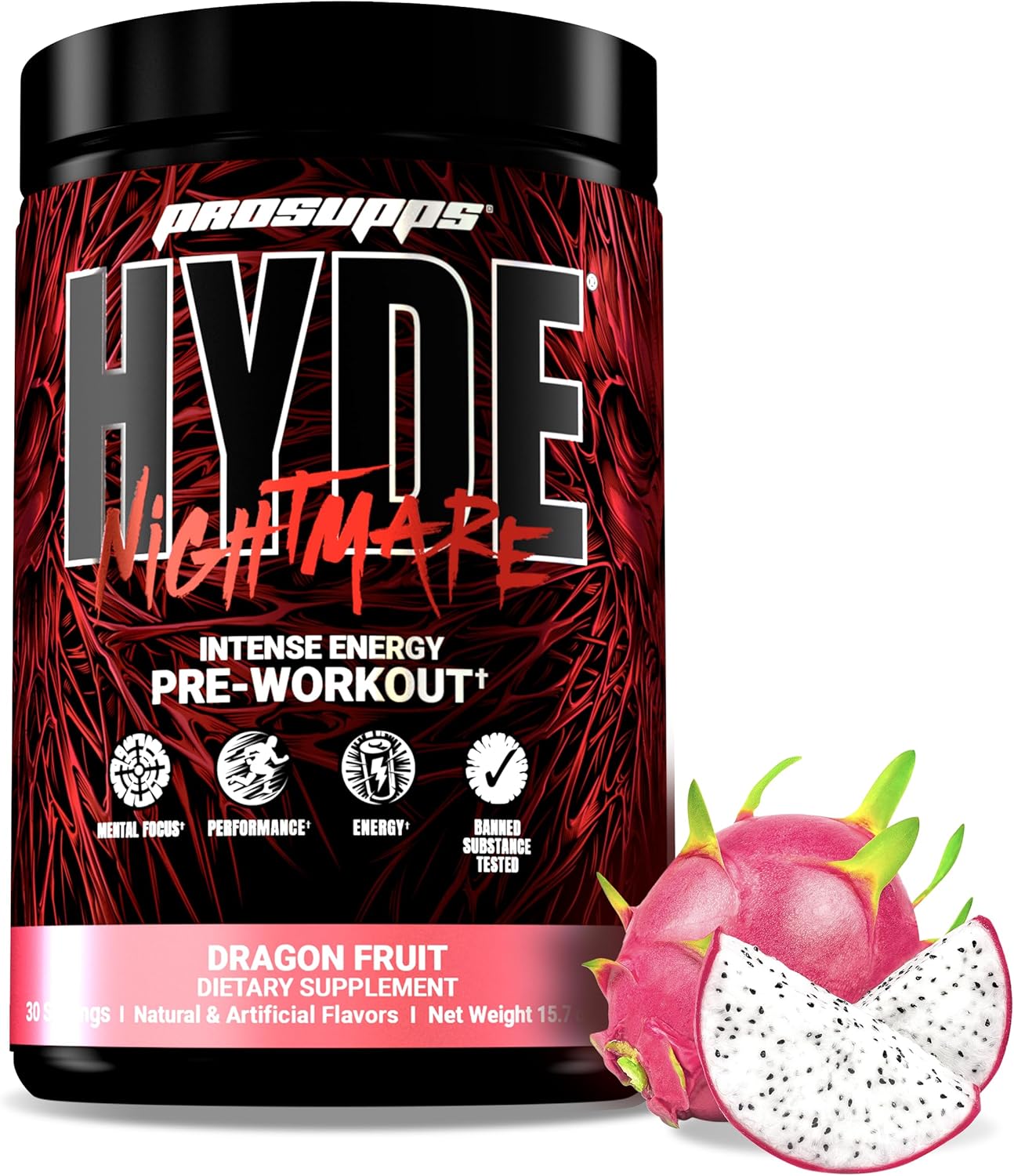 PROSUPPS Hyde Nightmare Dragon Fruit Pre-Workout Powder - High Performance Energy Drink with Citrulline & Nootropics for Intense Focus (30 Servings)