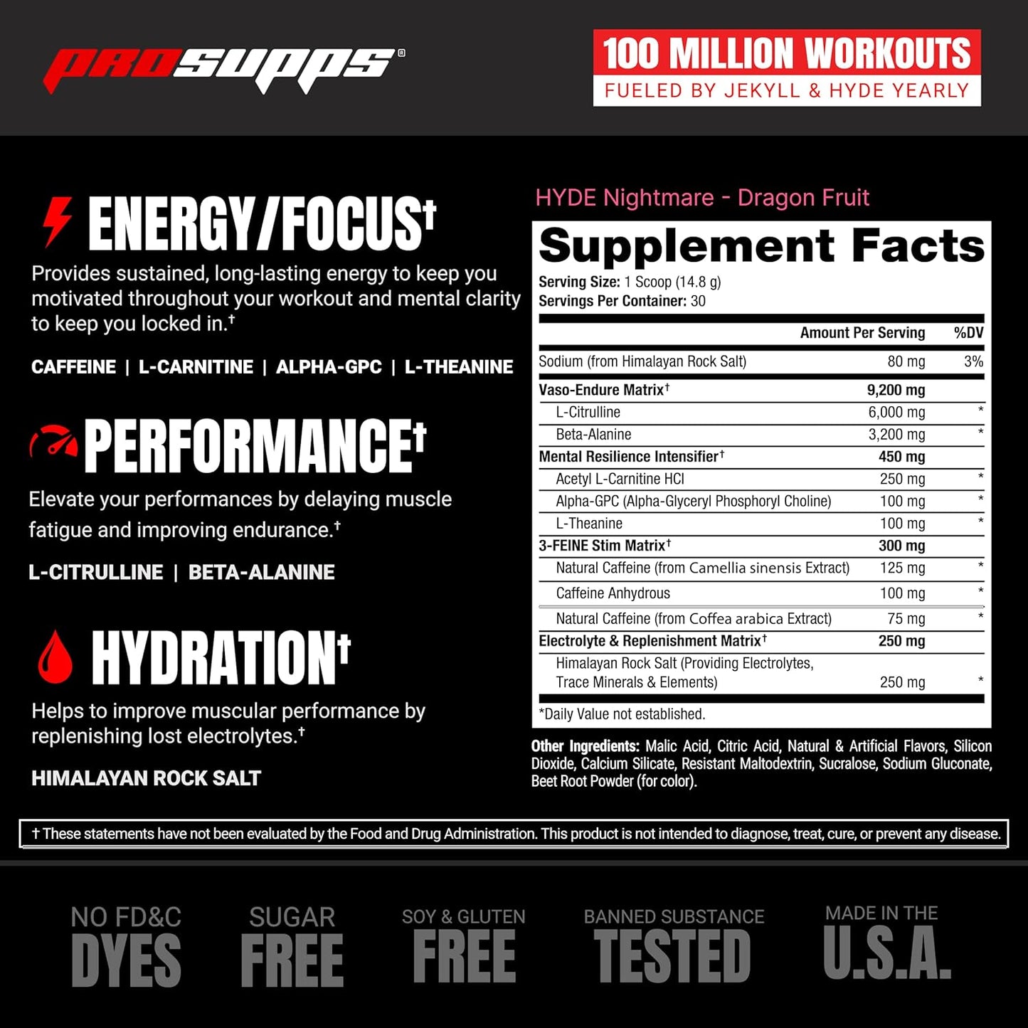 PROSUPPS Hyde Nightmare Dragon Fruit Pre-Workout Powder - High Performance Energy Drink with Citrulline & Nootropics for Intense Focus (30 Servings)