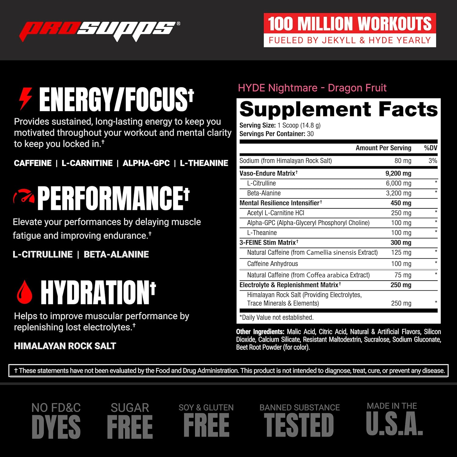 PROSUPPS Hyde Nightmare Dragon Fruit Pre-Workout Powder - High Performance Energy Drink with Citrulline & Nootropics for Intense Focus (30 Servings)