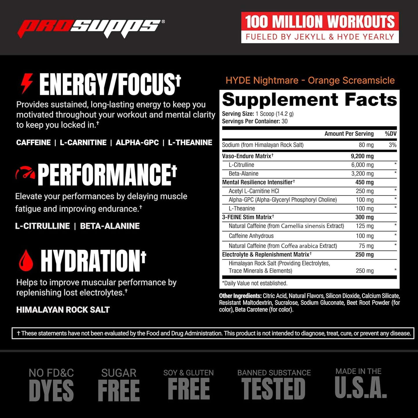 PROSUPPS Hyde Nightmare Pre-Workout Powder Energy Drink - Citrulline, Beta Alanine, Nootropics - 30 Servings, Orange Creamsicle Flavor