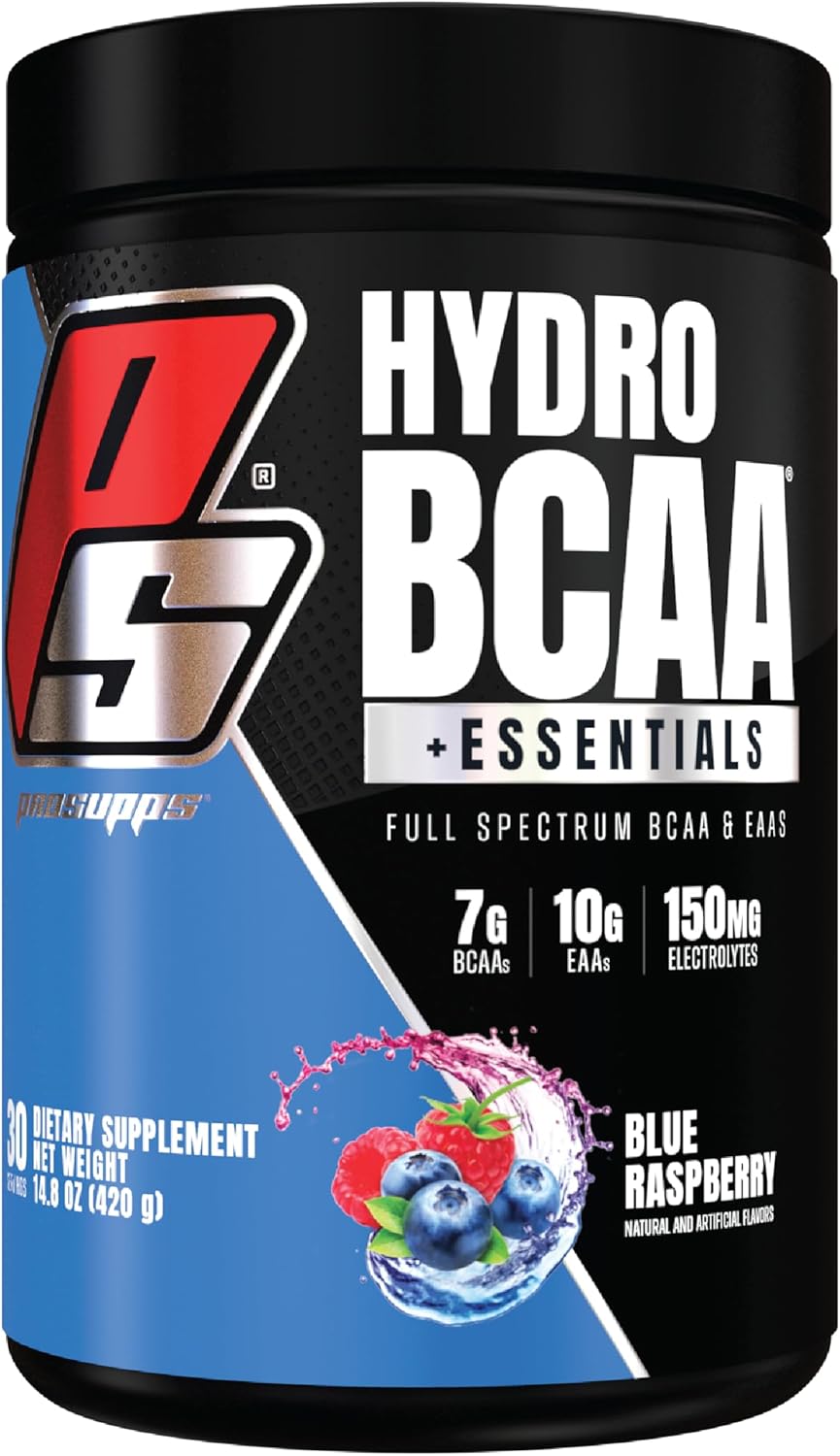 PROSUPPS HydroBCAA Essentials: BCAA Powder for Energy, Muscle Recovery, Fat Loss, and Hydration - Blue Raspberry, 30 Servings