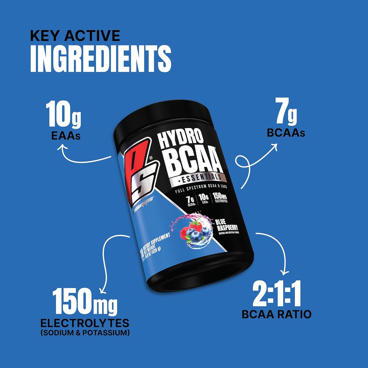 PROSUPPS HydroBCAA Essentials: BCAA Powder for Energy, Muscle Recovery, Fat Loss, and Hydration - Blue Raspberry, 30 Servings