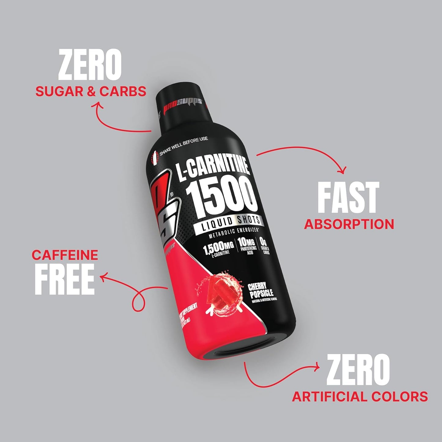 PROSUPPS L-Carnitine Liquid Shots - Pre-Workout Energy Drink for Performance & Recovery - Stimulant-Free Formula for Men & Women (31 Servings, Cherry Popsicle Flavor)