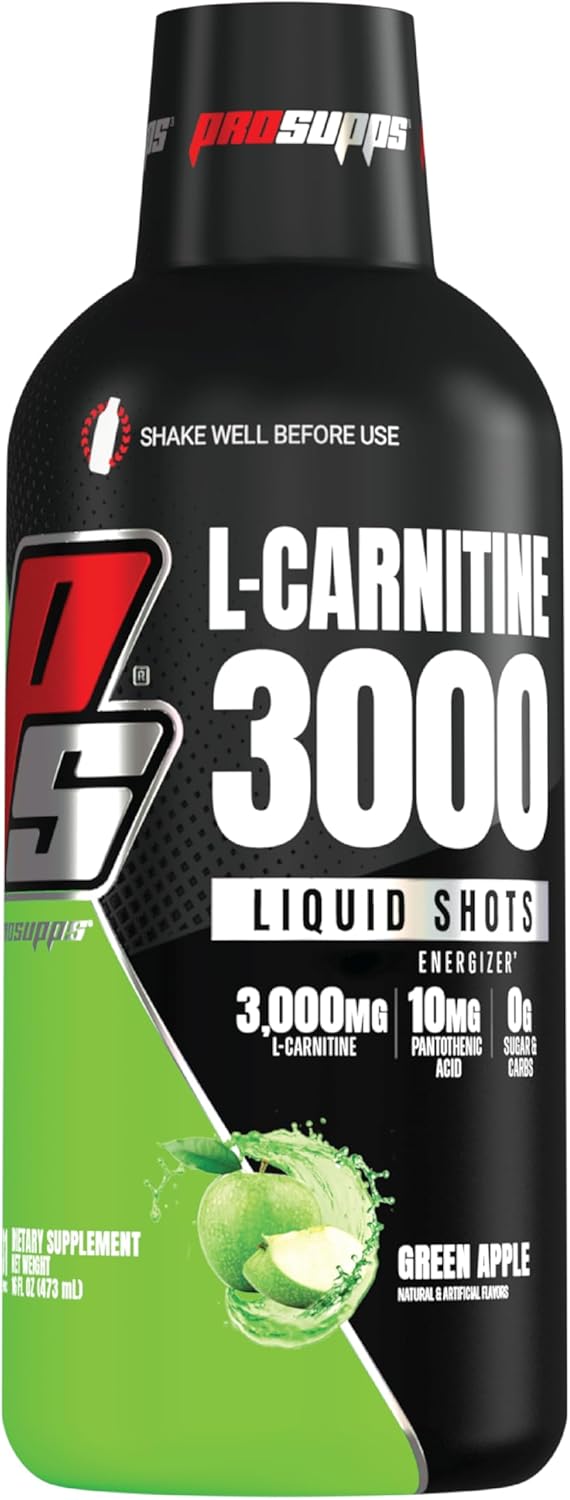 PROSUPPS L-Carnitine Liquid Shots - Stimulant-Free Energy Drink for Men & Women - Performance & Recovery - Green Apple Flavor (31 Servings, 3000mg)