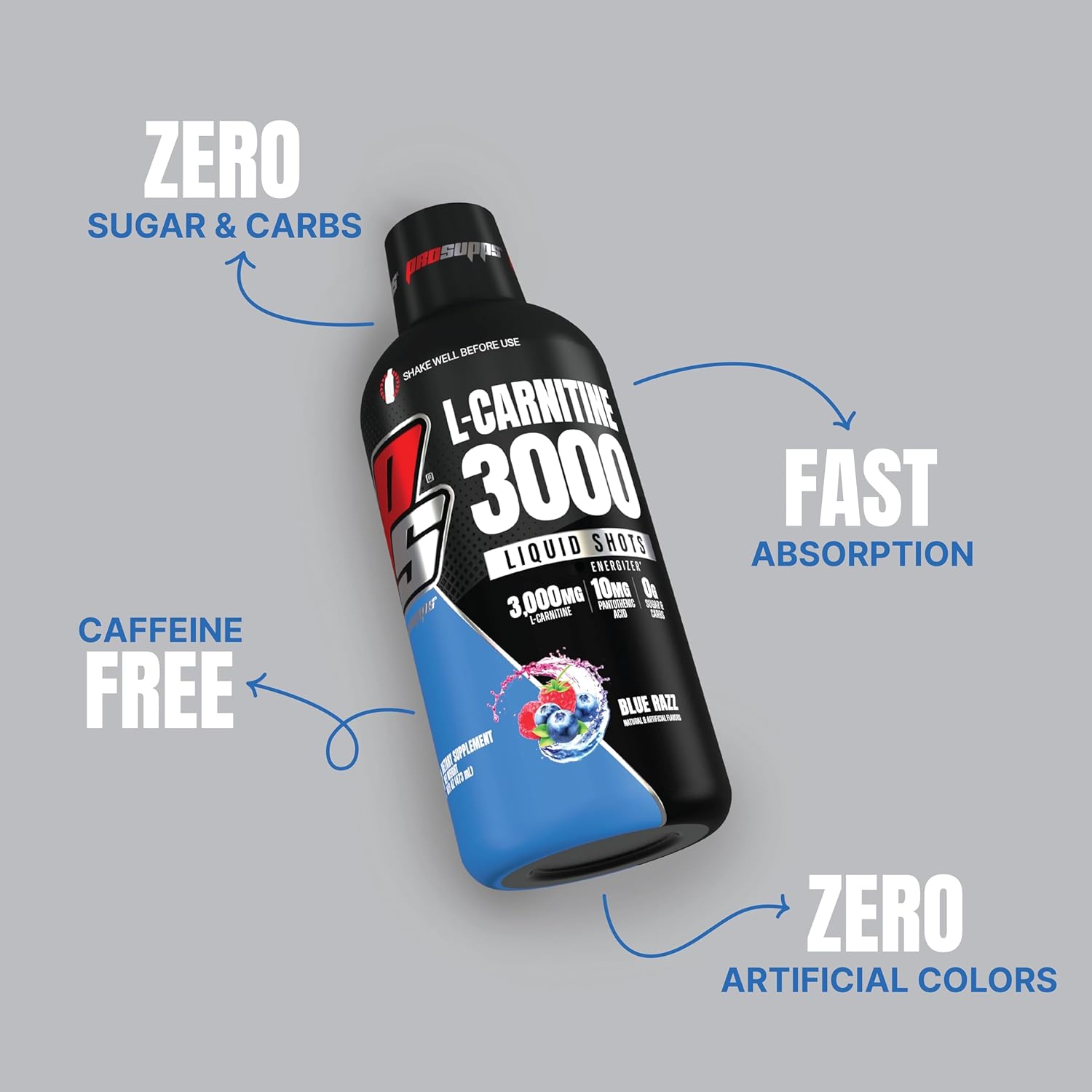 PROSUPPS L-Carnitine Liquid Shots: Stimulant-Free Workout Drink for Performance & Recovery - Clean Energy, Sugar & Carb-Free (3000 Blue Razz, 31 Servings)