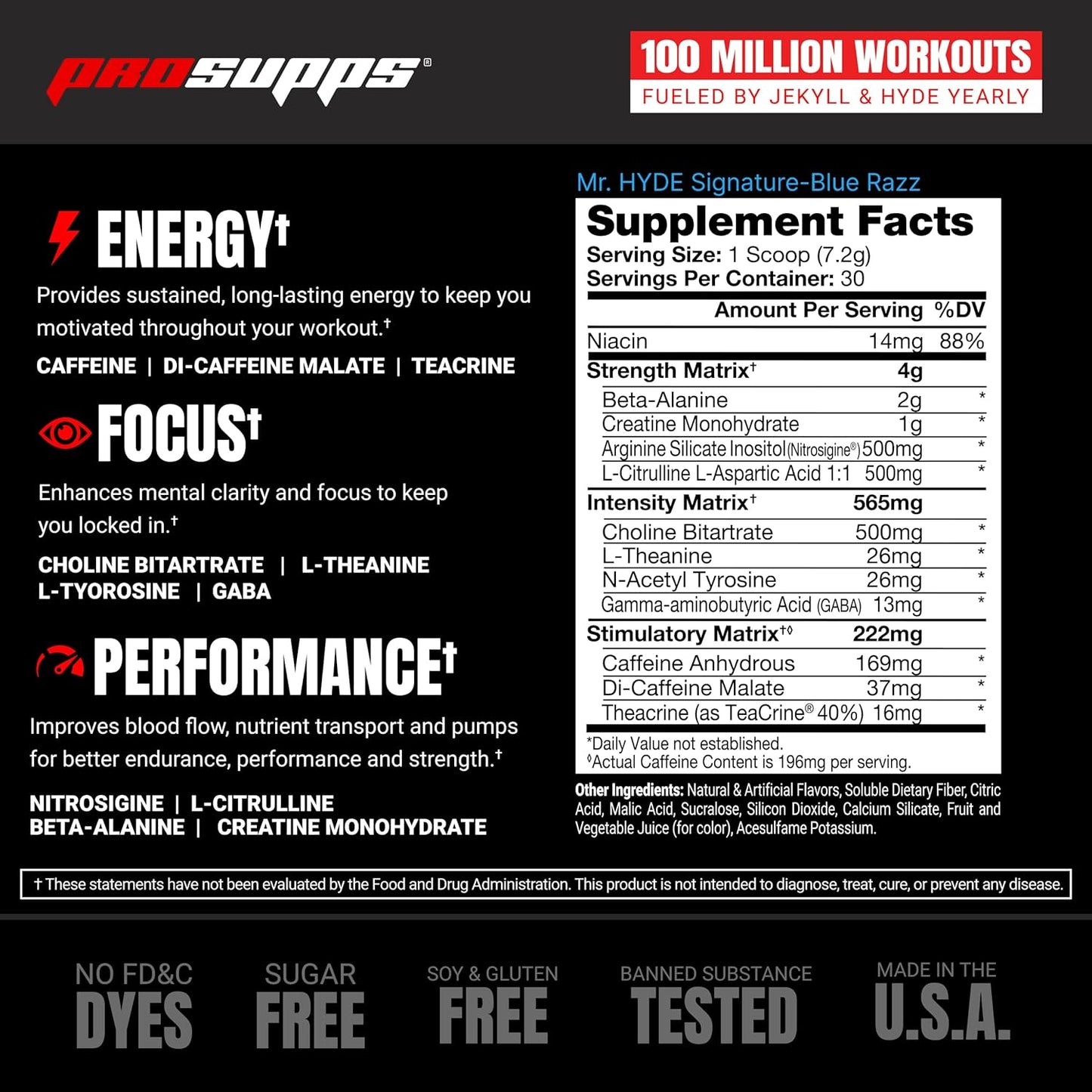 PROSUPPS Mr. Hyde Signature Pre Workout: Creatine, Beta Alanine, TeaCrine, Caffeine - Sustained Energy & Focus for Men and Women - Blue Razz, 30 Servings