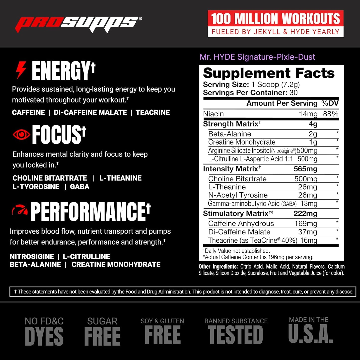 PROSUPPS Mr. Hyde Signature Pre Workout Supplement - Enhanced Energy and Focus with Creatine, Beta Alanine, TeaCrine, and Caffeine - Endurance Booster for Men and Women - Pixie Dust Flavor, 30 Servings