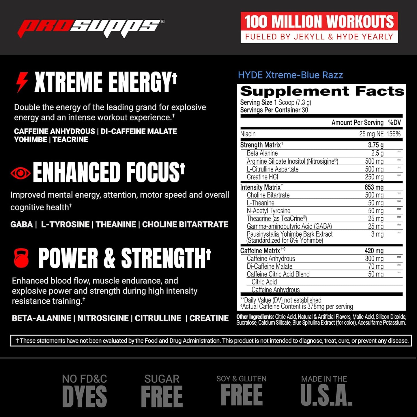 PROSUPPS® Mr. Hyde® Xtreme Blue Razz Pre-Workout Powder - Boost Energy, Endurance & Focus with Beta Alanine, Creatine & Nitrosigine (30 Servings)
