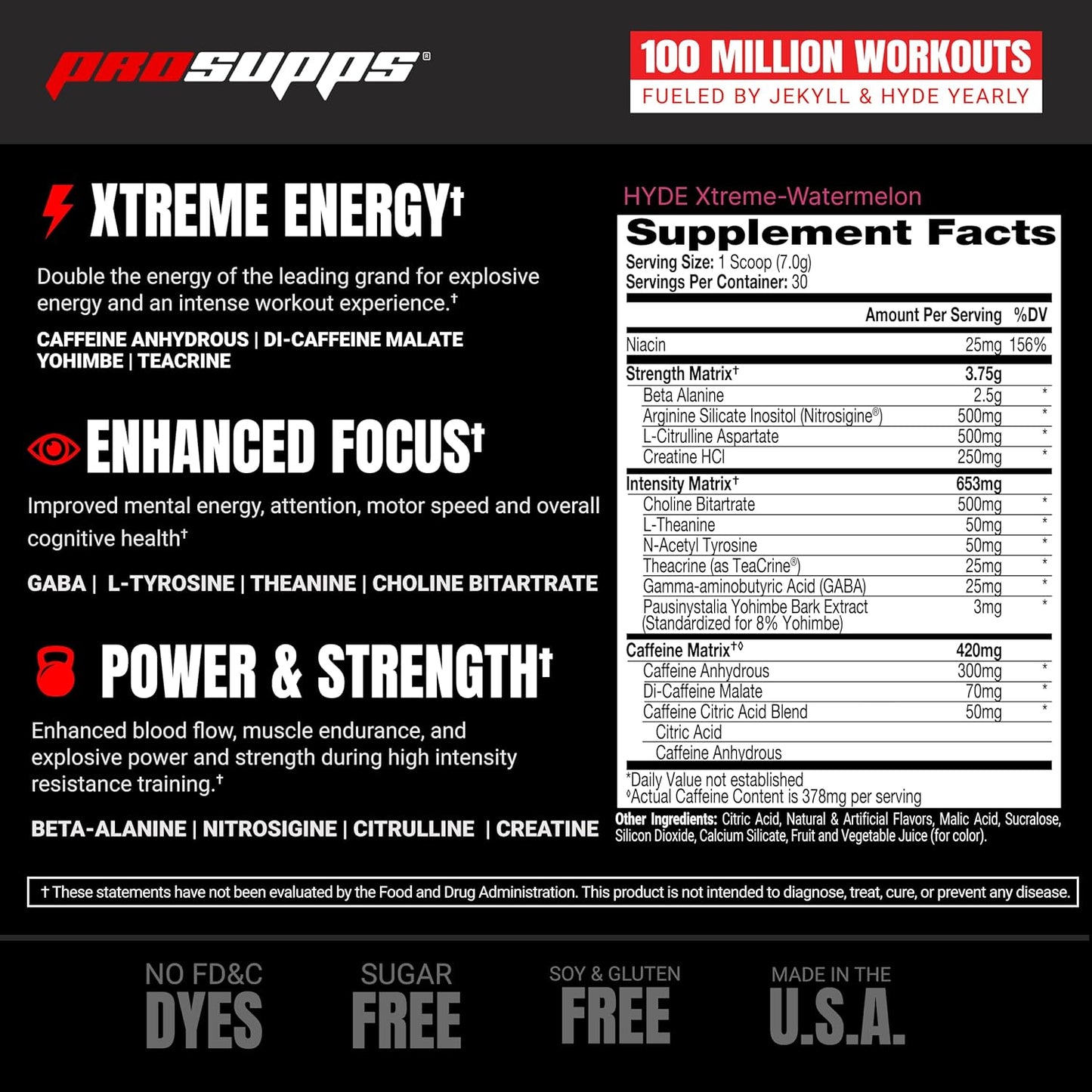 PROSUPPS® Mr. Hyde® Xtreme Pre-Workout Powder - Enhanced Energy & Focus with Beta Alanine, Creatine, Nitrosigine - Watermelon Flavor (30 Servings)